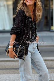 Manteau zippé à manches longues et sequins – Haut de fête coupe ample