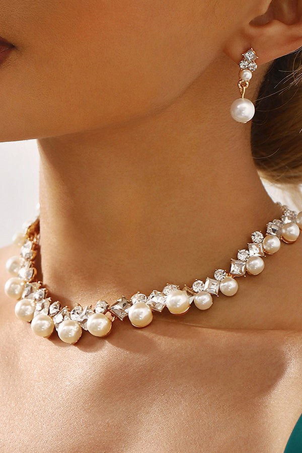 Pearl & Crystal Baroque Necklace and Earrings Jewelry Set