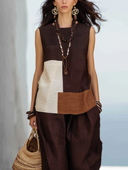 Bohemian Color-block Linen Two-Piece Set | Top & Pants