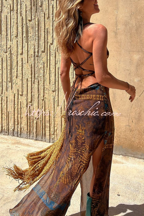 Printed Cowl Neck Lace-Back Midi Dress – Loose Fit
