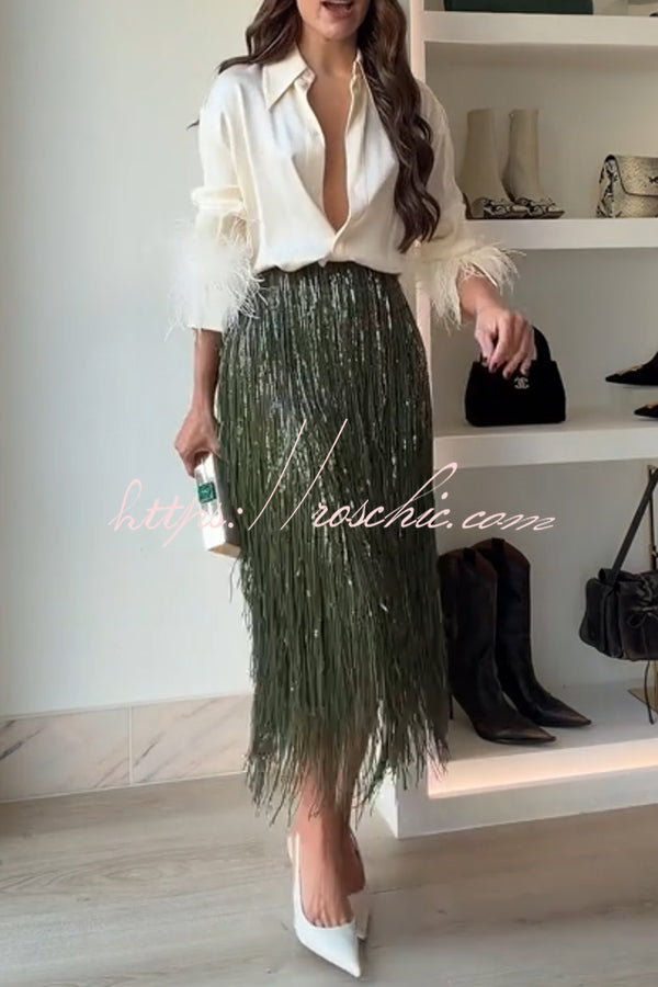 Sequin Tassel Midi Skirt – High-Rise Back Zipper Party Skirt