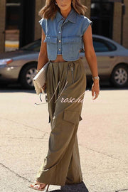 Denim Cape Sleeve Crop Top with Chest Pocket | Loose Fit