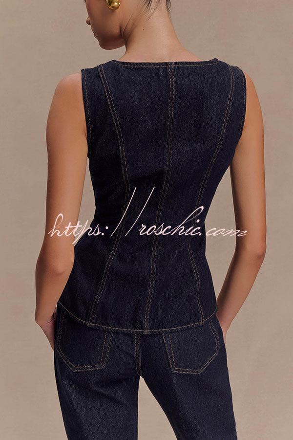 Denim Square Neck Sleeveless Button-Up Vest Top