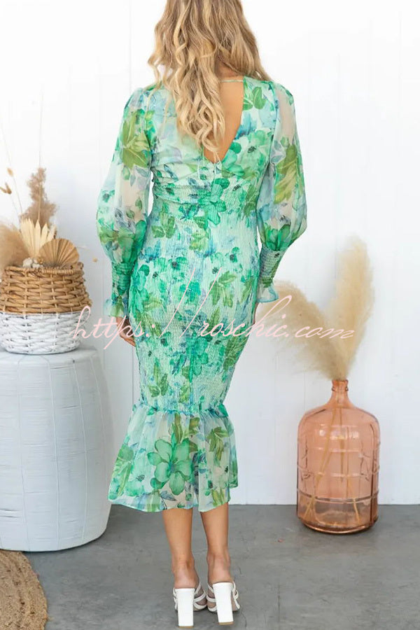 Floral Smocked Waist Long Sleeve Midi Dress