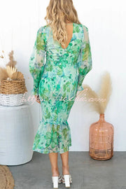 Floral Smocked Waist Long Sleeve Midi Dress