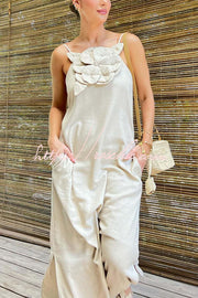 Linen Blend Floral Embellished Maxi Dress with Pockets & Slit