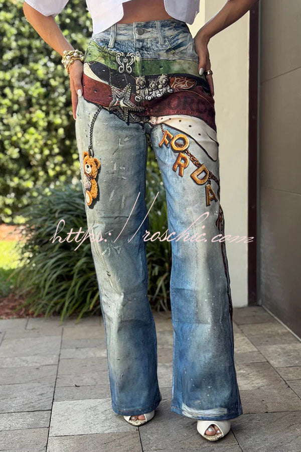 Graffiti Print High Rise Straight Leg Jeans – Loose Fit