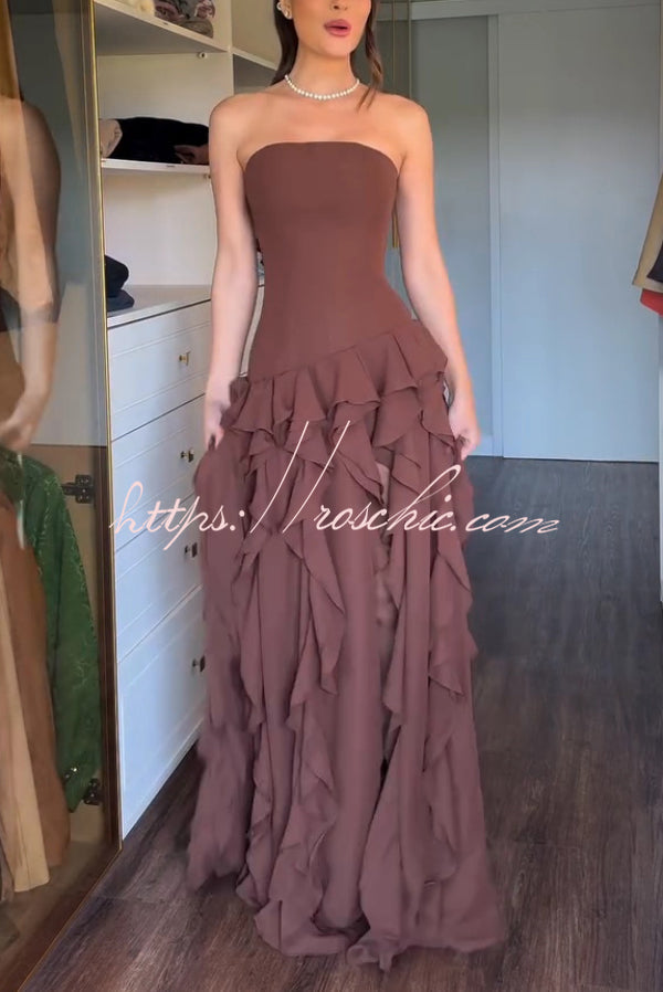 Off-Shoulder Maxi Dress with High Slit and Ruffle Detail