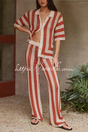 Knit Collared Short-Sleeve Top & Elastic Waist Pants Set