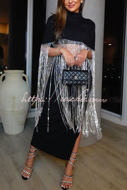 New Level Shiny Tassel Stand Neck Crop Cape Blouse (Shipped Within 24 Hours)