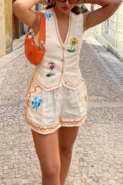 Ensemble gilet et short en lin mélangé à fleurs