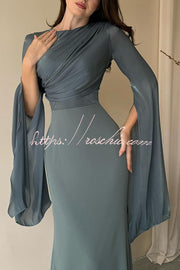 Ruched Organza Satin Patchwork Maxi Dress with Bell Sleeves