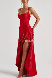Backless Lace-Up Ruffle Maxi Dress – Spaghetti Strap