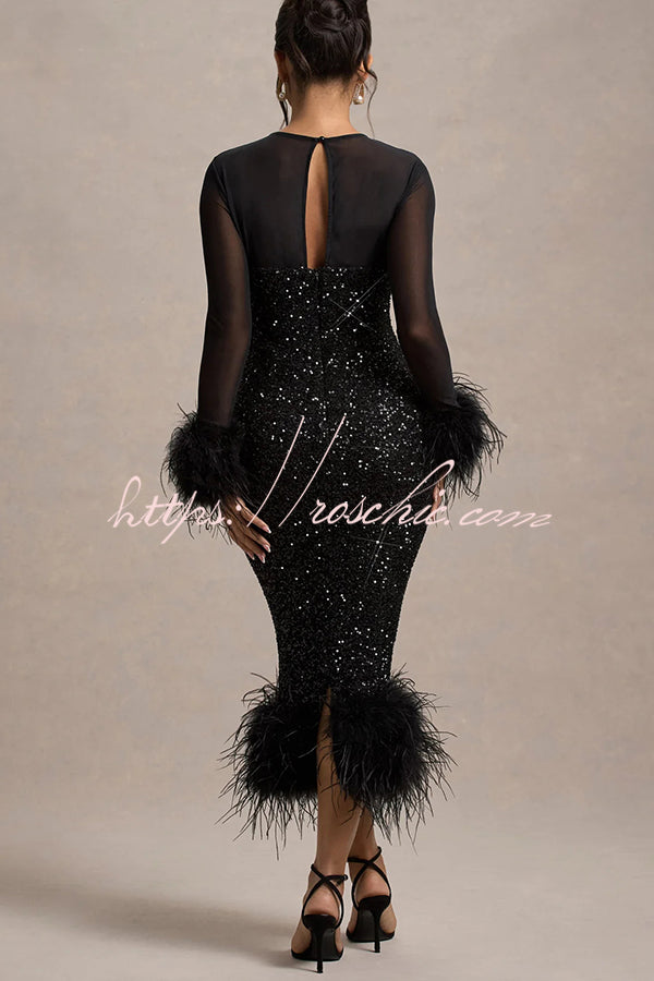 Sequin Feather Trim Midi Dress – Long Sleeve Party Dress