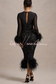 Sequin Feather Trim Midi Dress – Long Sleeve Party Dress