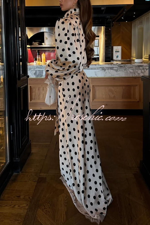 Satin Polka Dot Lace Trim High Rise Flare Maxi Skirt
