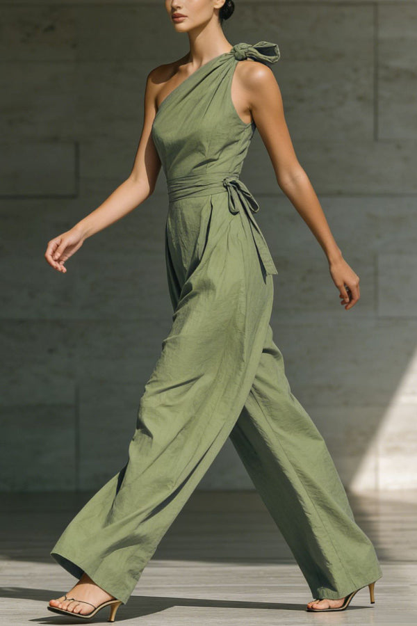 One-Shoulder Sleeveless Wide-Leg Jumpsuit with Pockets