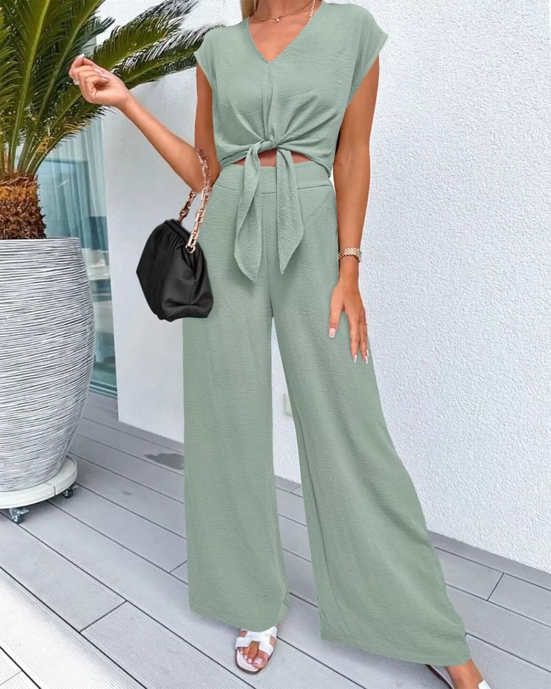 2 Piece Wide Leg Pants Set with V-Neck Belted Crop Top