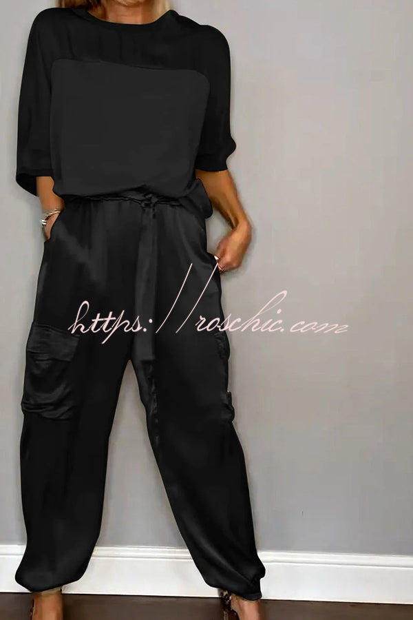 Ensemble haut à manches mi-longues en satin et pantalon à taille élastique