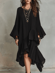 Black Asymmetric Ruffle Midi Dress – Boho Style