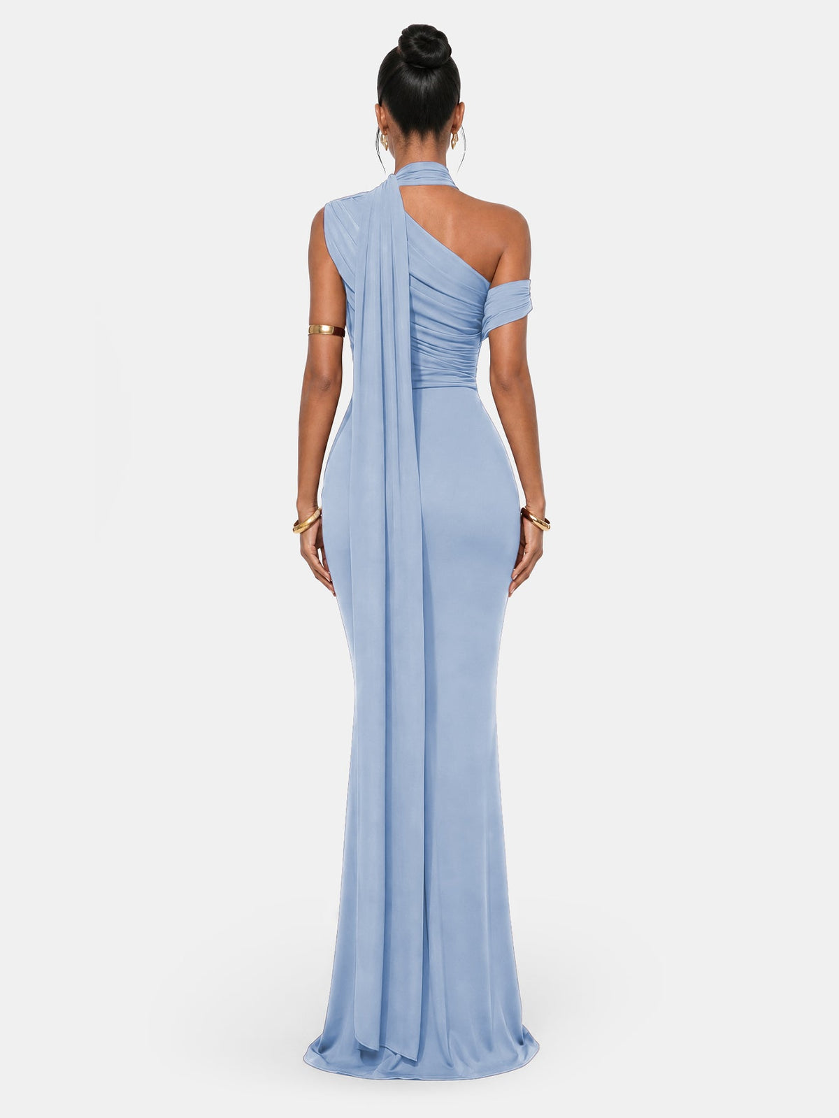 One Shoulder Formal Evening Gown with Built-In Bra, Ruched Mesh