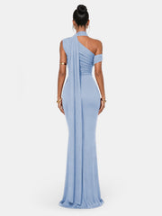 One Shoulder Formal Evening Gown with Built-In Bra, Ruched Mesh