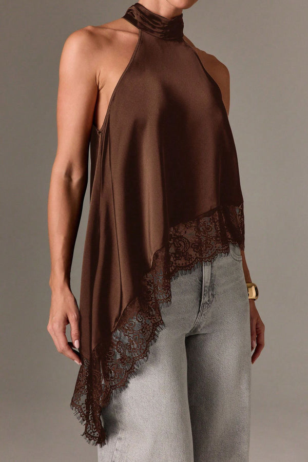 Satin Sleeveless Halter Top – Loose Fit Lace Hem