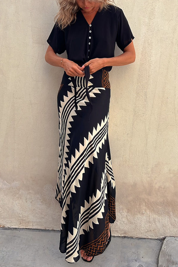 Satin Geometric Print Maxi Skirt with Elastic Waist