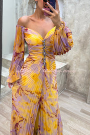 Off Shoulder Printed Pleated Maxi Dress with Diamond Detail