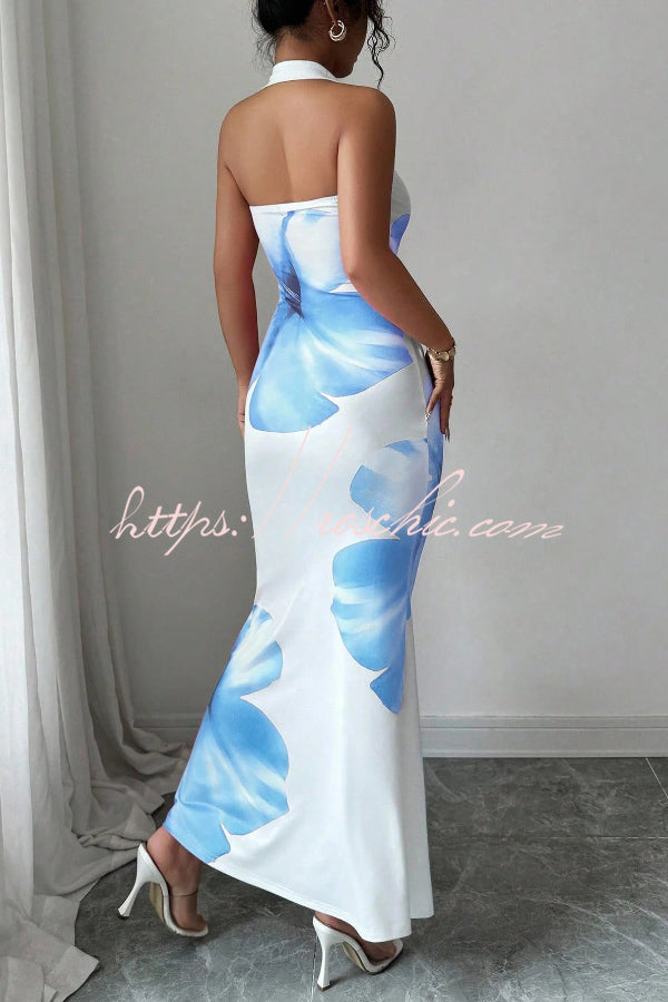 Floral Print Halter Neck Backless Maxi Dress