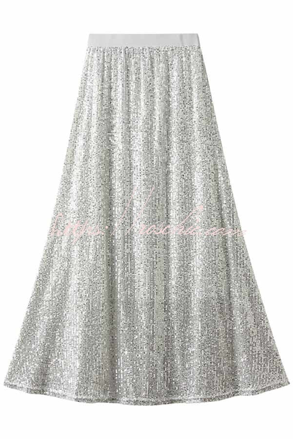 Golden Sequin Maxi Skirt with Elastic Waist – Party Ready