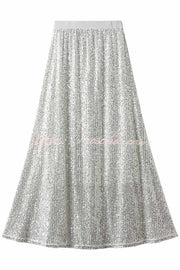 Golden Sequin Maxi Skirt with Elastic Waist – Party Ready
