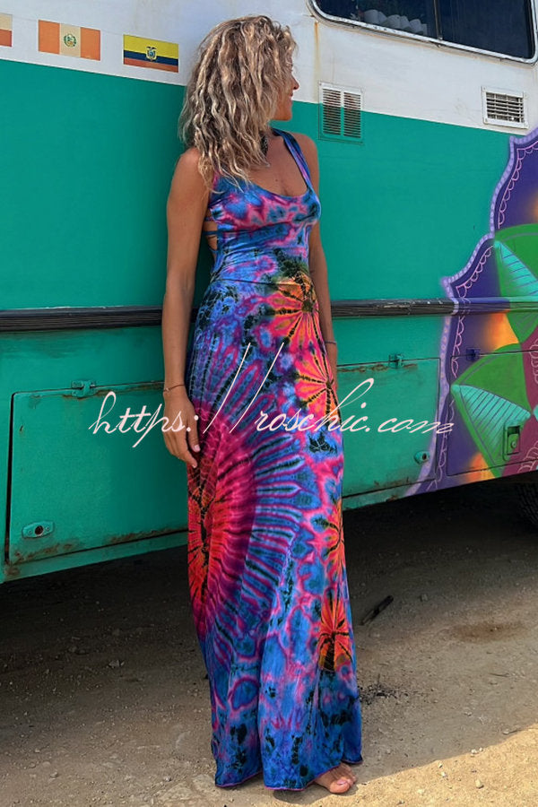 Tie-Dye Print Lace-Up Back Stretch Maxi Dress