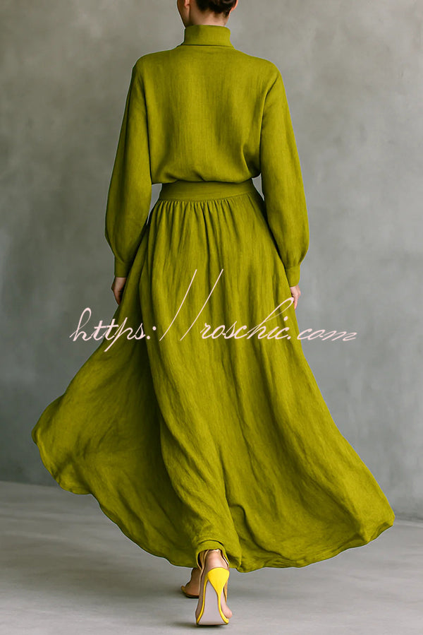 Linen Blend Loose Top & High-Waisted Maxi Skirt Set