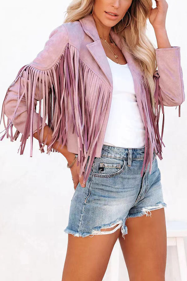 Cropped Faux Suede Jacket with Fringe Detail