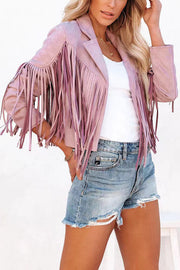 Cropped Faux Suede Jacket with Fringe Detail