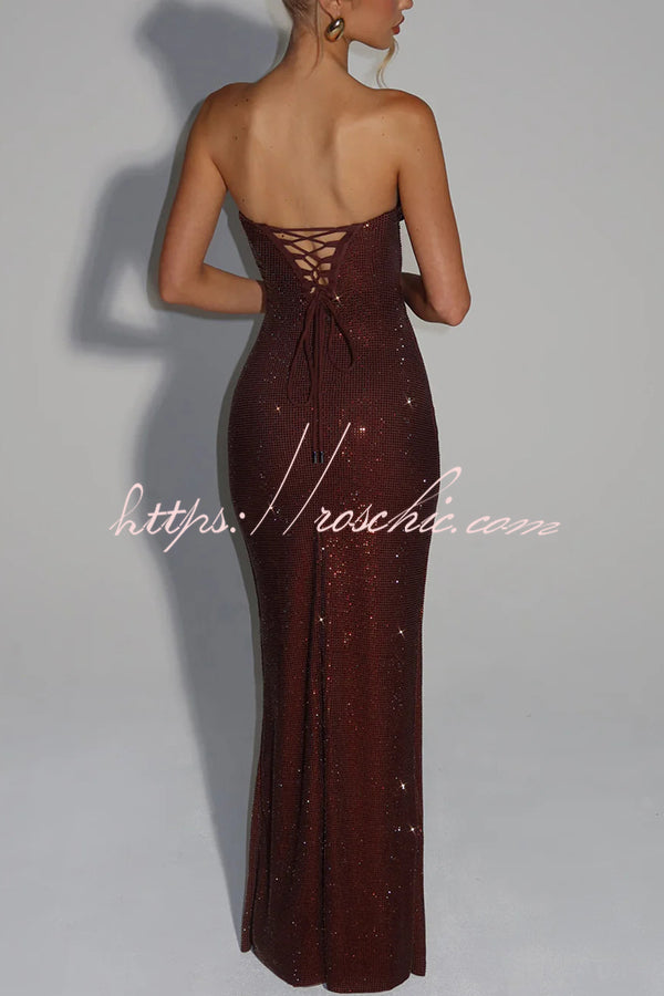 Sequin Pleated Cowl Neck Strapless Maxi Dress