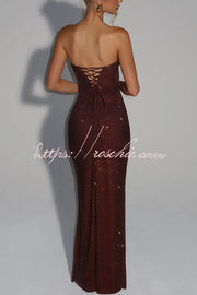 Sequin Pleated Cowl Neck Strapless Maxi Dress