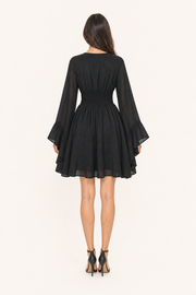 Gothic V-Neck Mini Dress - Long Sleeve Belted Fitted Dress