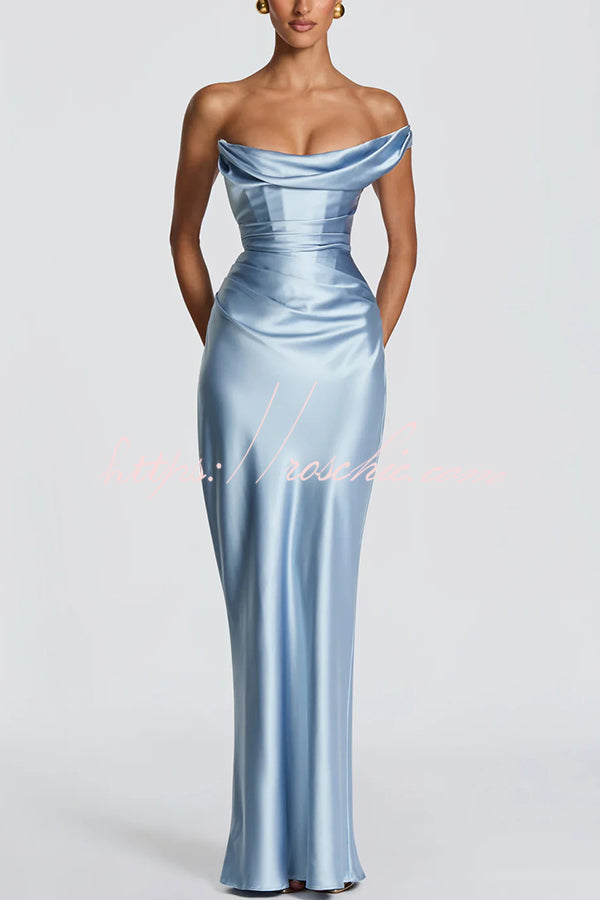 Robe longue plissée en satin à une épaule pour tenue de soirée