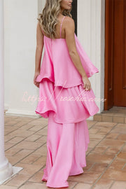 Satin Tiered Maxi Dress – Square Neck Sleeveless A-Line