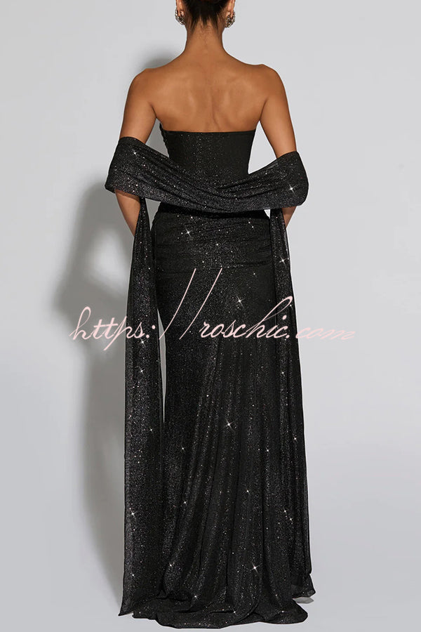 Sequined Mesh Off Shoulder Ruched Maxi Dress for Parties