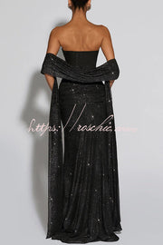 Sequined Mesh Off Shoulder Ruched Maxi Dress for Parties