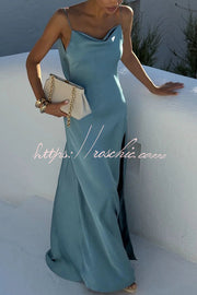 Satin Draped Neck Backless Ruffle Slit Maxi Dress