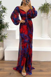Off Shoulder Printed Pleated Maxi Dress with Diamond Detail