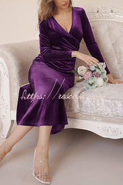 Velvet Long Sleeve V-Neck Fishtail Maxi Dress – Slim Fit