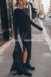 Cotton Blend Long Sleeve Midi Dress – Relaxed Fit