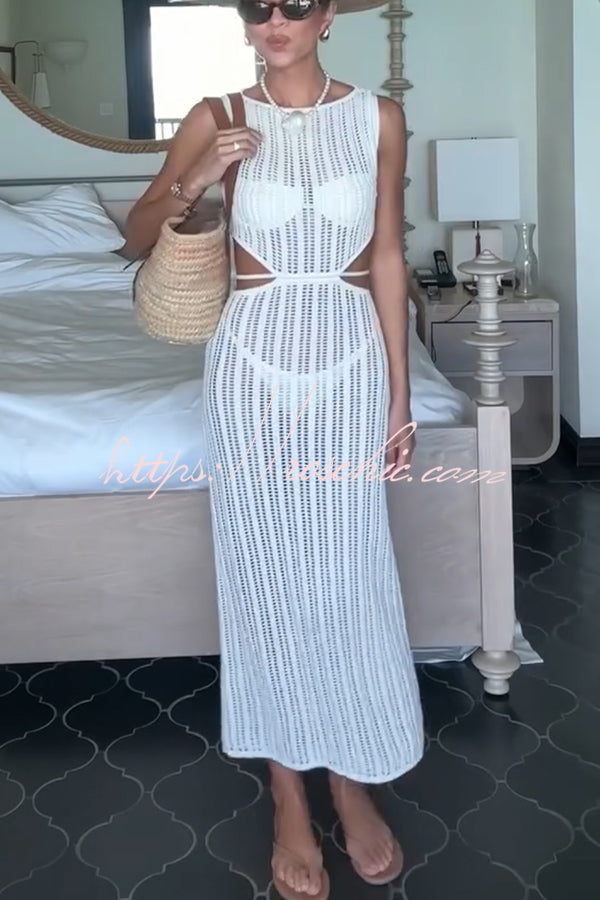 Crochet Knit Cutout Waist Maxi Dress for Beach & Vacation
