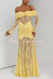 Off-Shoulder Lace Maxi Dress – Slim-Fit Long Sleeve