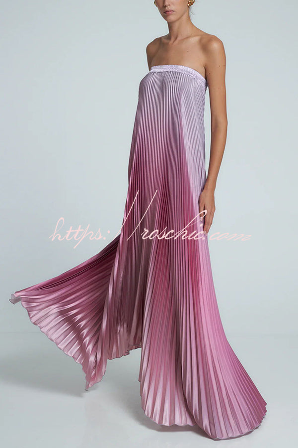 Satin Pleated Strapless Maxi Dress – A-Line Gown